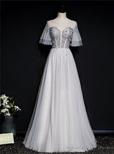 Silver Gray Tulle Short Sleeve Beading Sequins Prom Dress